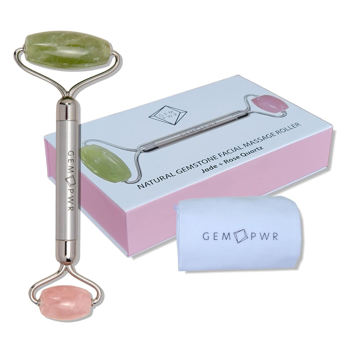 Rose Quartz + Jade Roller for Face and Neck Massage, Dual Gemstones with Durable Steel Handle and