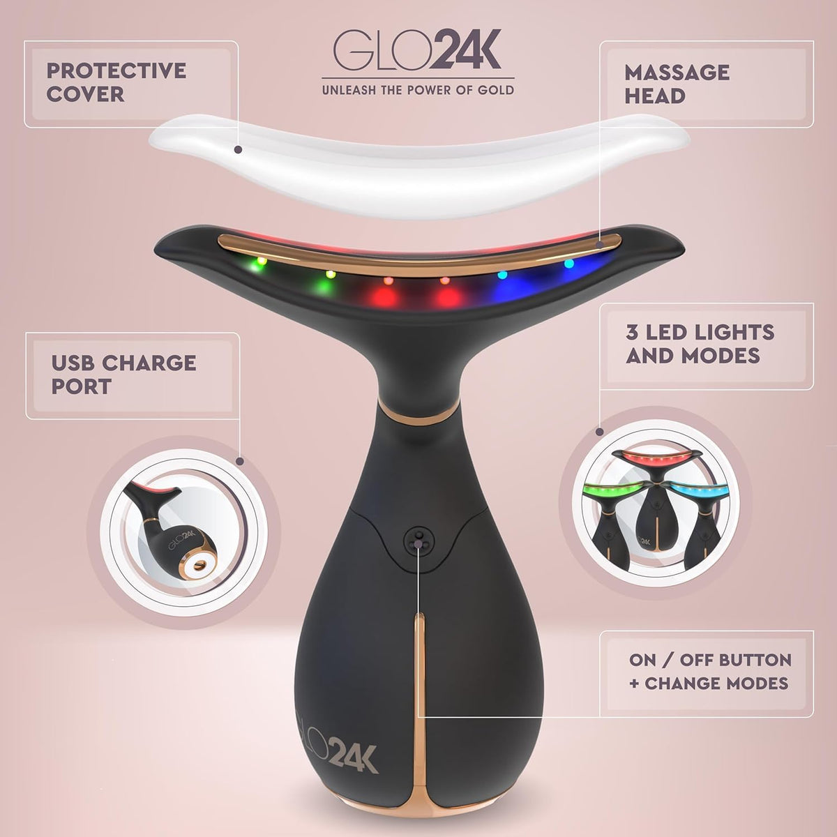 GLO24K Red Light Beauty Device for Face & Neck – 2-Pack, 3-in-1 Facial and Neck Massager with