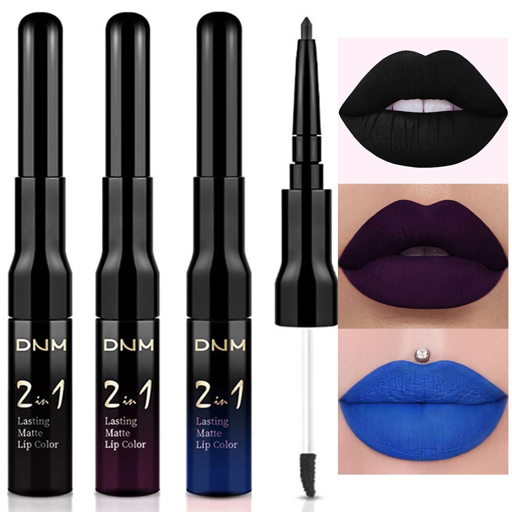 evpct 3Pcs Dark Black Purple Royal Blue Matte Lip Liner and Liquid Lipstick Lip Stain Makeup Set