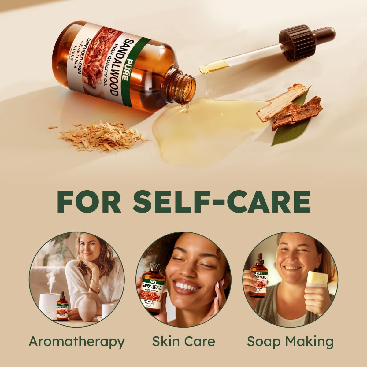 Kukka Sandalwood Essential Oil for Diffuser & Skin - 4 Fl Oz - Sandalwood Oil, Woody Scent, for