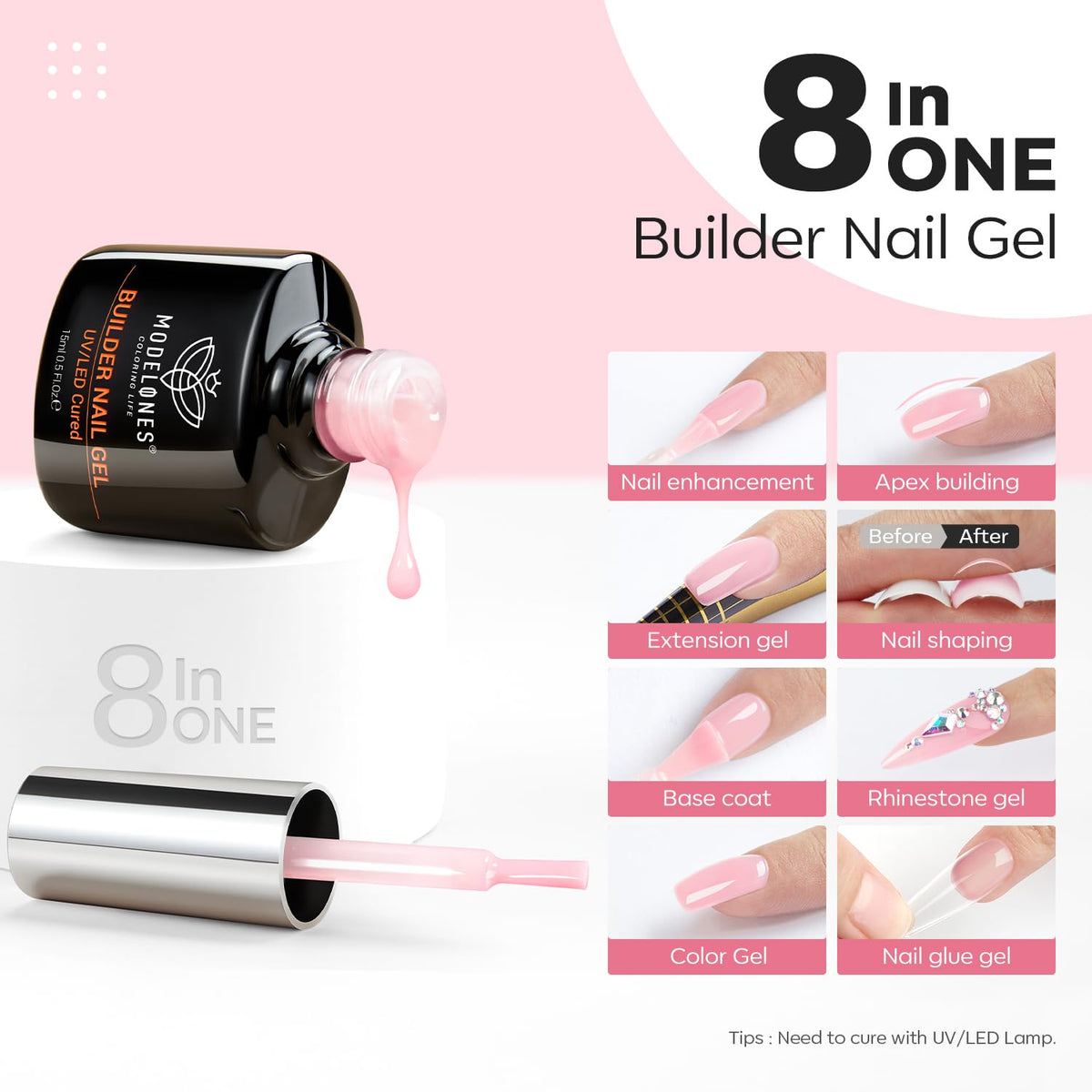 modelones Builder Nail Gel, 8-in-One Pink Builder for Nail Thickening, U/V LED Lamp Cured Hard