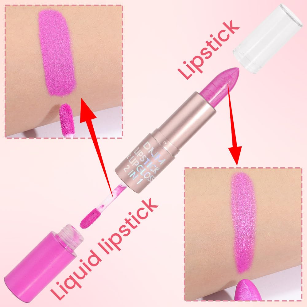 evpct 2 in 1 Hot Pink Glitter Metallic Shimmer Diamond Lipstick and Lip Gloss Set for Women Long