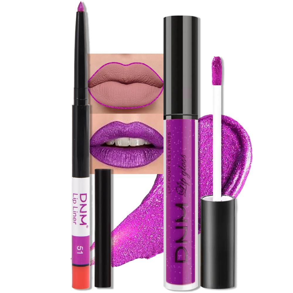 evpct 2Pcs Purple Shimmer Glitter Shiny Liquid Lipstick Lip Gloss Stain and Retractable Lip Liner