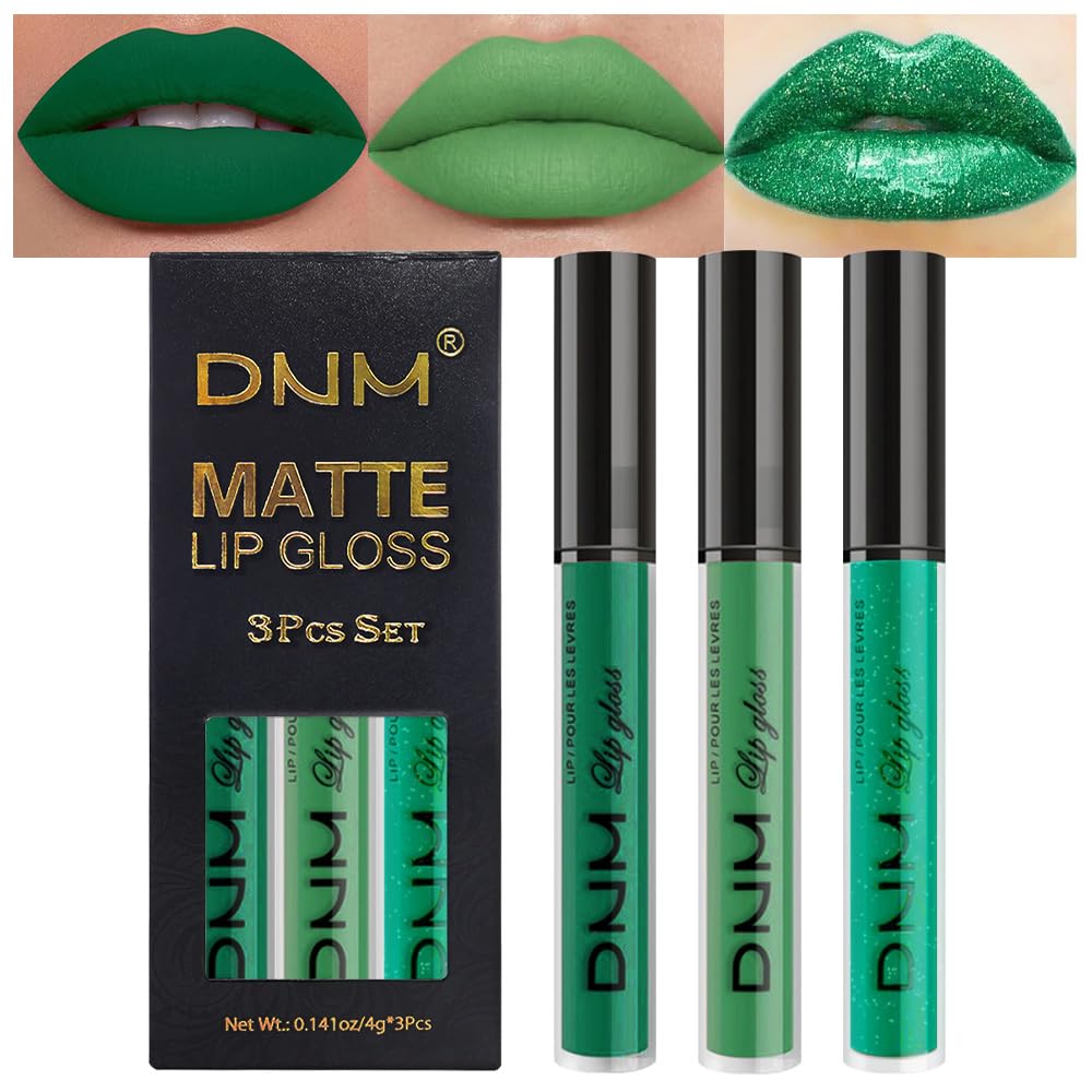 evpct 3Pcs Dark Pale Teal Forest Emerald Green Matte Glitter Shimmer Shiny Liquid Lipstick Lip