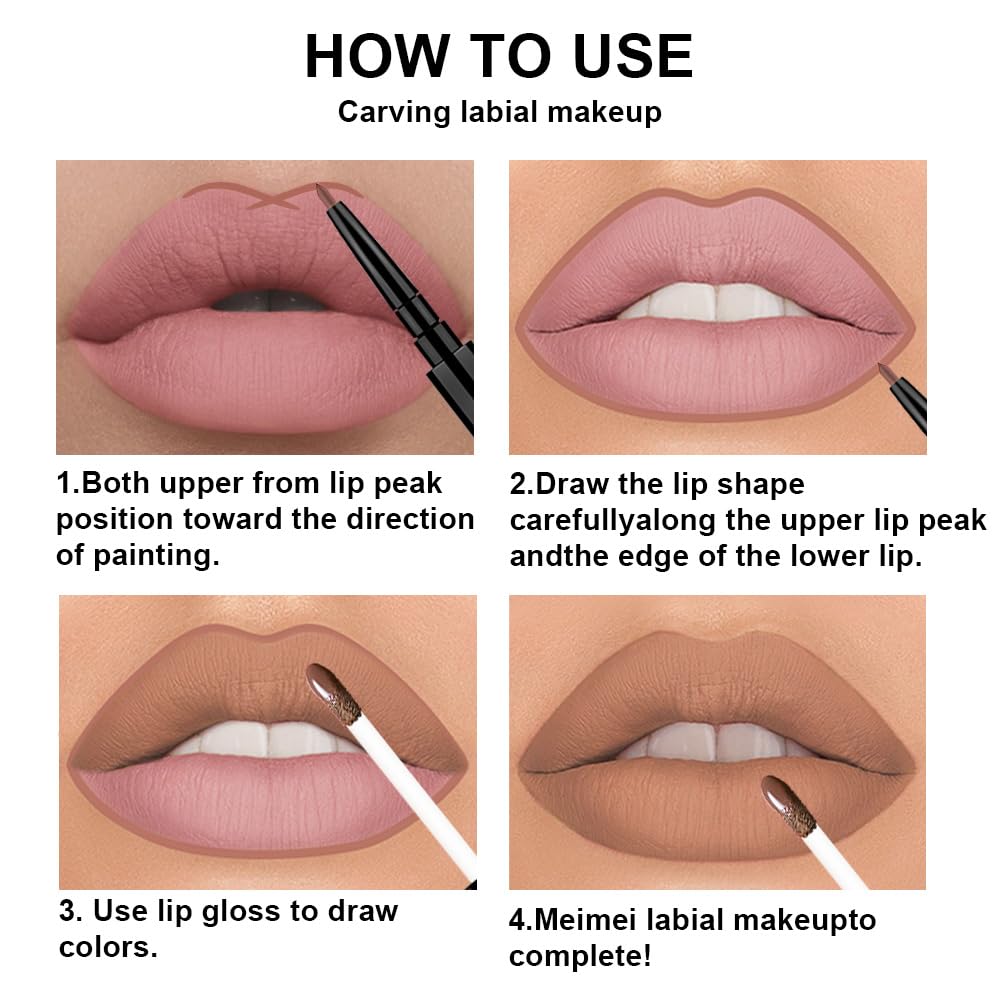evpct 3Pcs Chocolate Nude Brown True Nude Matte Lip Liner & Liquid Lipstick Stain Makeup Set for
