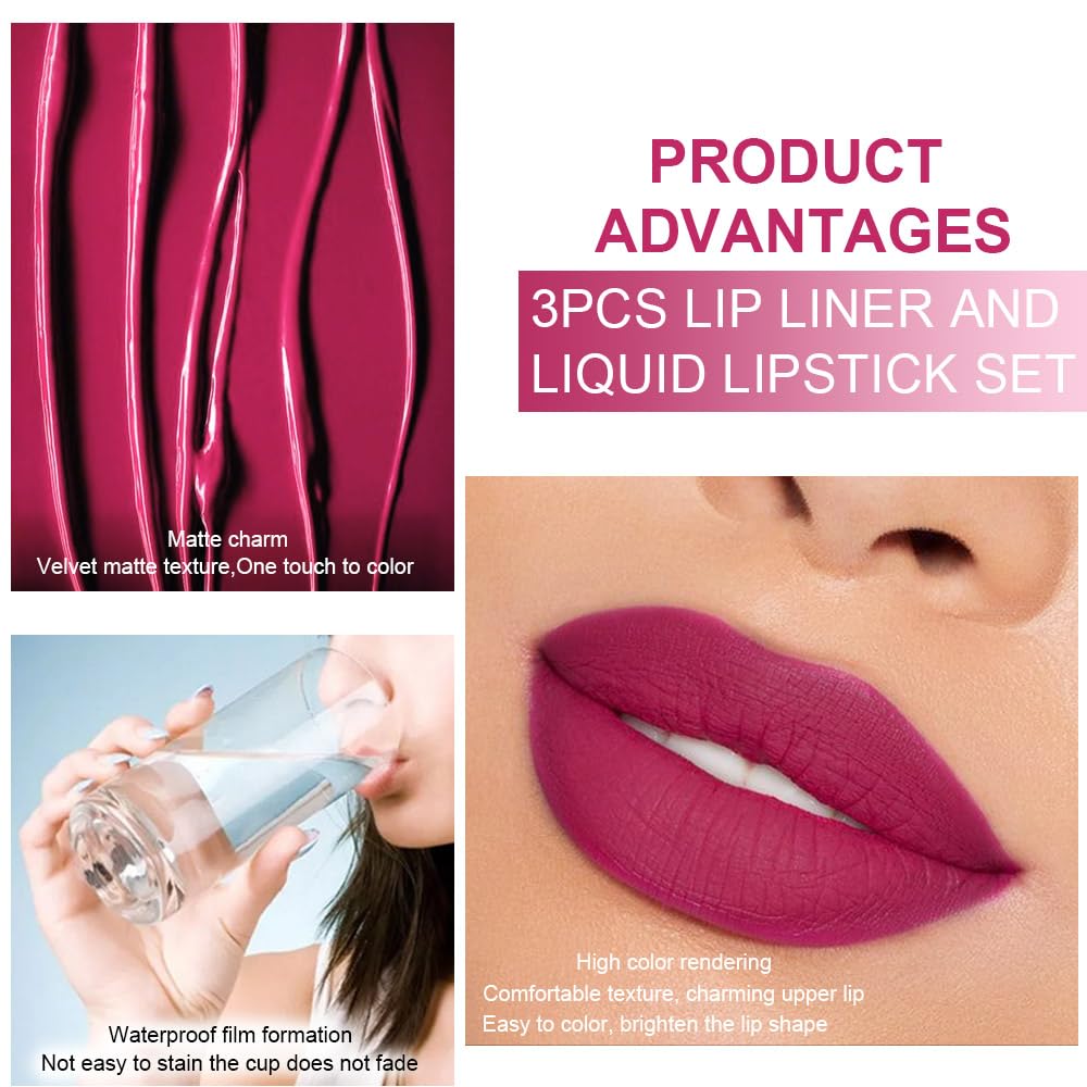 evpct 3Pcs Mauve pink Berry pink Rose red Lip Stain Paint Matte Lip Liner and Lipstick Set Long