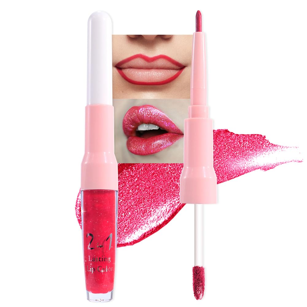 evpct Crushed Ruby Red Metallic Glitter Lip Liner and Lipstick Combo Lip Gloss Stain Set Makeup for