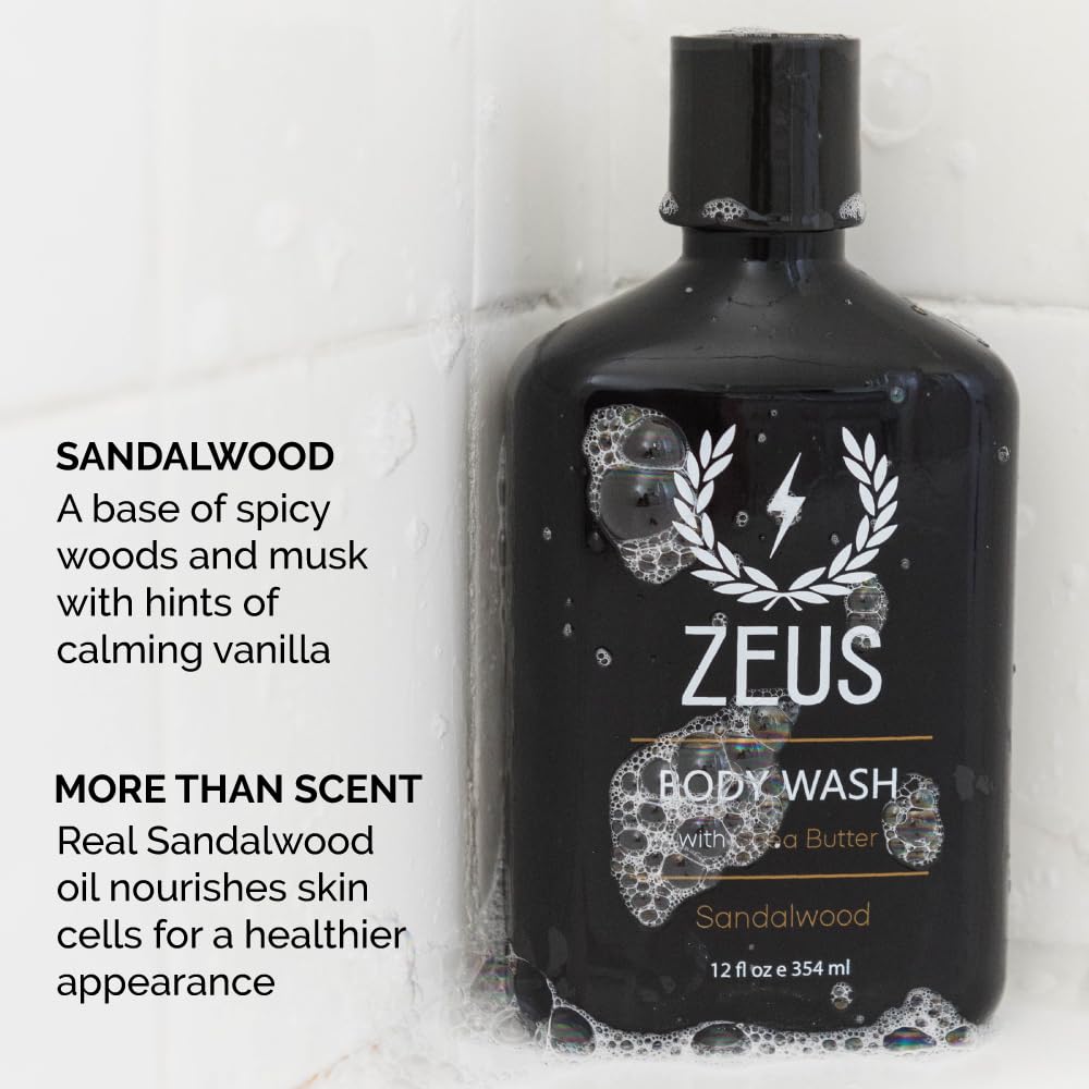 ZEUS Men's Natural Body Wash, Hydrating Shower Gel with Sandalwood Oil, Aloe Vera, Shea Butter &