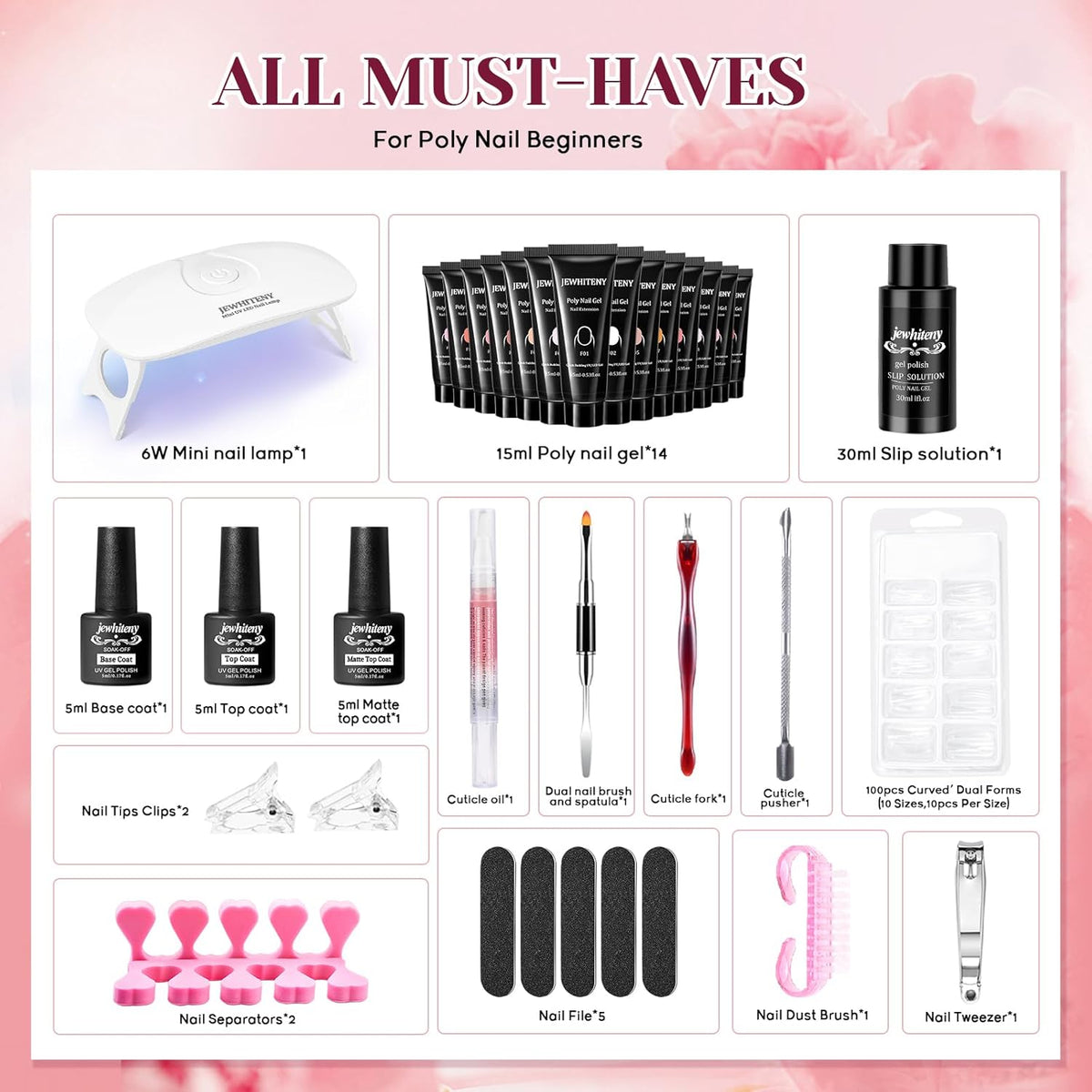 JEWHITENY 14 PCS Poly Nail Gel Kit Poly Extension Gel Kit Starter Kit With Slip Solution