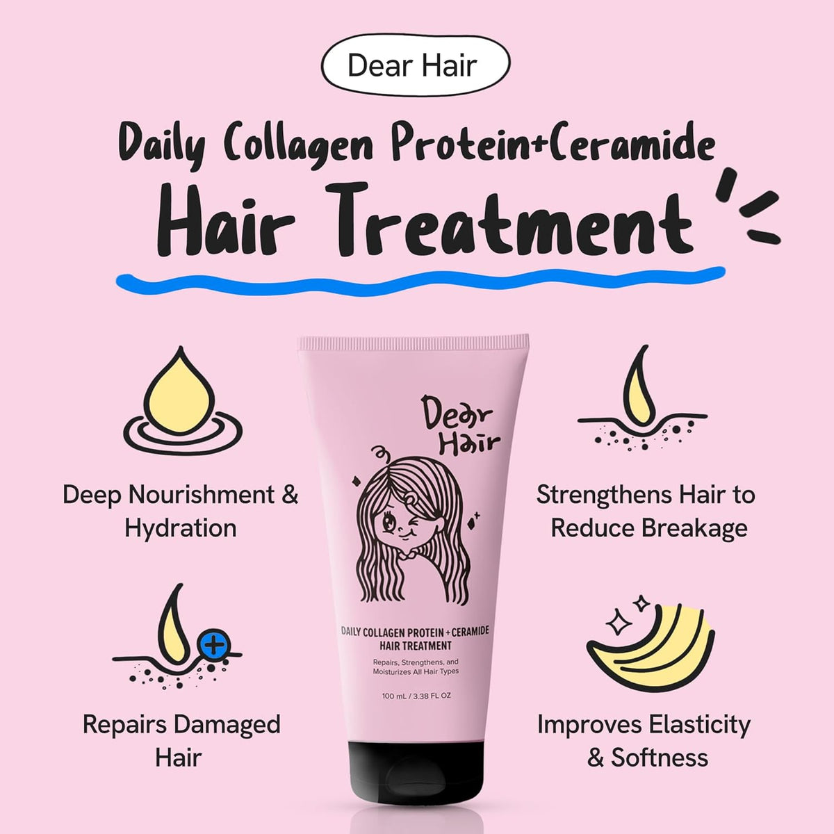 Daily Collagen Protein Ceramide Hair Treatment for Dry, Damaged Hair, Bond Repair Deep Conditioning