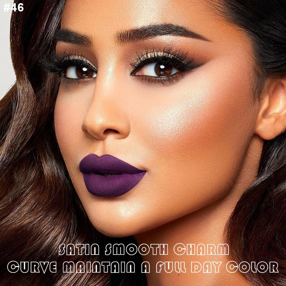 evpct 2Pcs Dark Deep Purple Matte Liquid Lipstick Lip Gloss Stain and Retractable Lip Liner Makeup