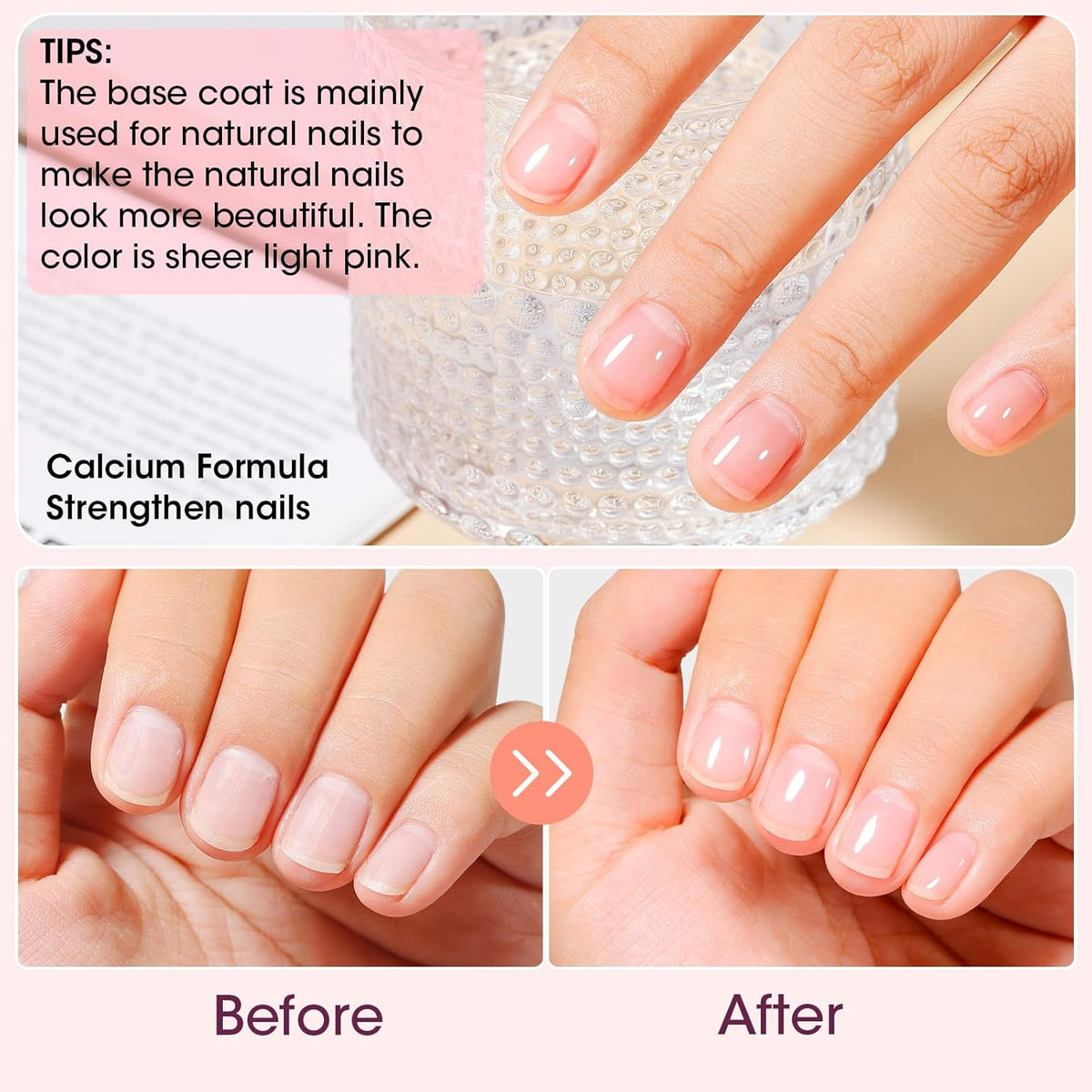 GELLEN Clear Nail Polish Base Coat Sheer Tinted Pink, Natural Color Regular Nail Polish, Calcium