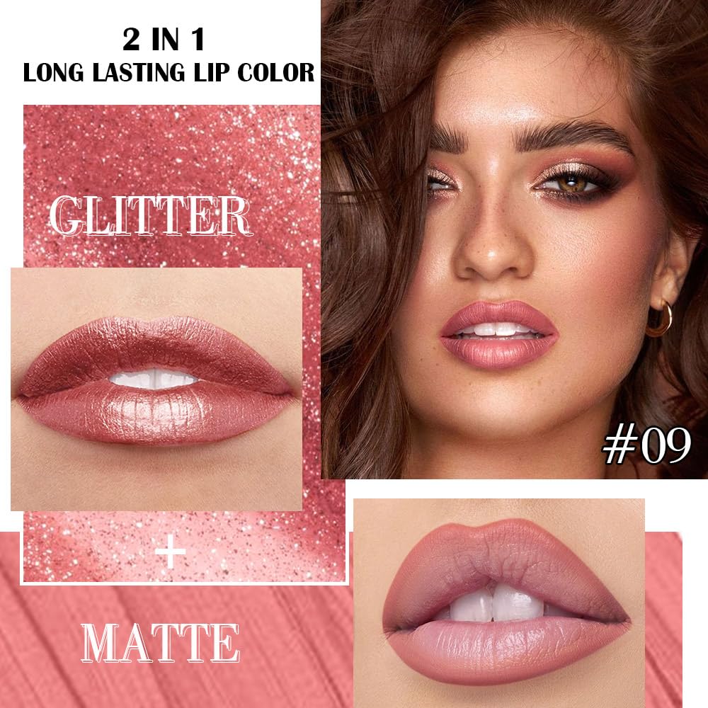 evpct Pine Red Metallic Glitter Lip Liner and Lipstick Combo Lip Gloss Stain Set Makeup for Women