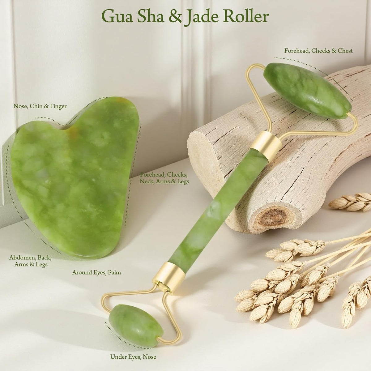 Real Perfection Gua Sha Facial Tools Face Roller for Wrinkles Jade Roller and Gua Sha Set, Scrubber