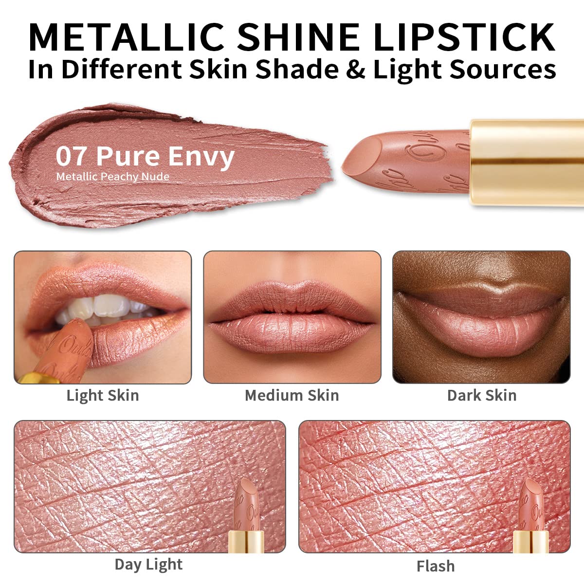 Oulac Nude Lipstick for Women with Metallic 3D Shine Lightweight Hydrating Formula, High Impact Lip