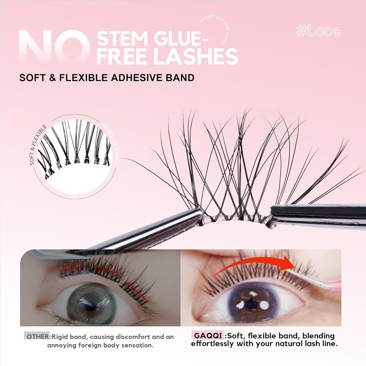 GAQQI Self Adhesive Eyelash Clusters, Natural Look No Glue Lashes 10-16mm, No Band Self Adhesive