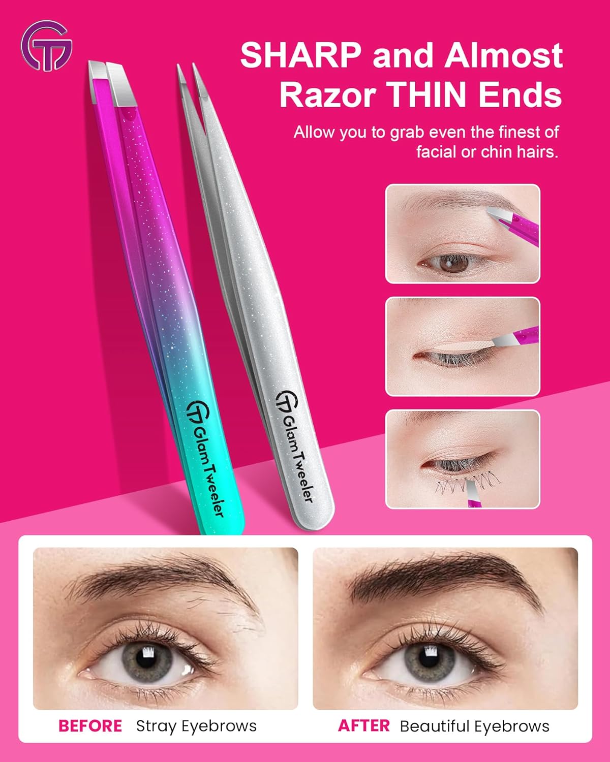 Expert Slant and Point Tip Tweezer Set with Exclusive Travel Case, GlamTweeler Sharp & Precision