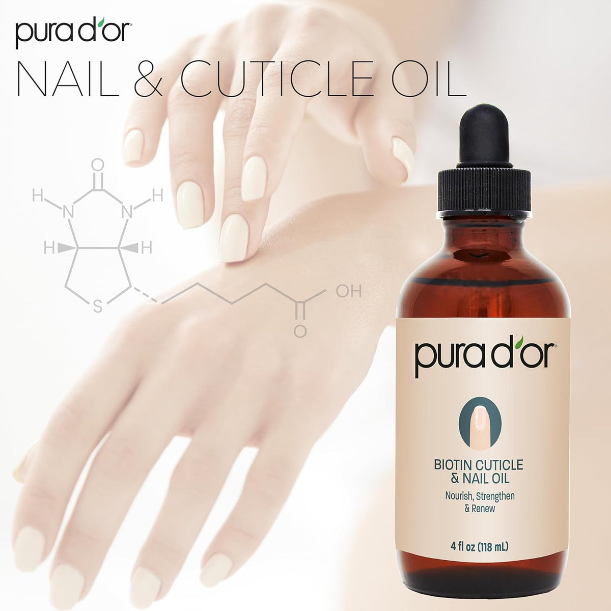 PURA D'OR 4 Oz Nail and Cuticle Oil - Nourishing Treatment with Dropper - Natural Blend Enriched