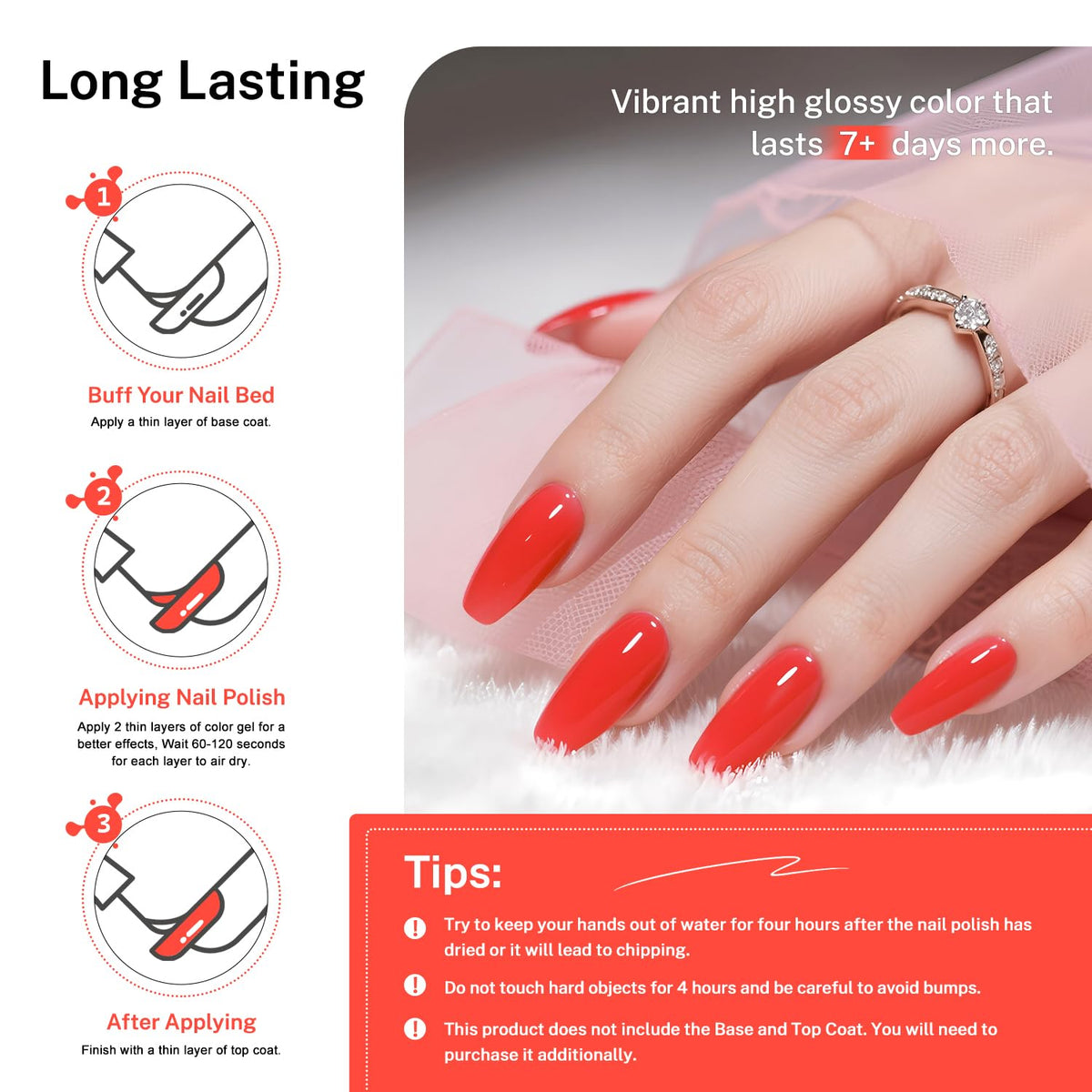 16.5ml Neon Red Nail Polish Glossy Shine Finish Large Volume Quick Dry Nail Polish, Long Lasting