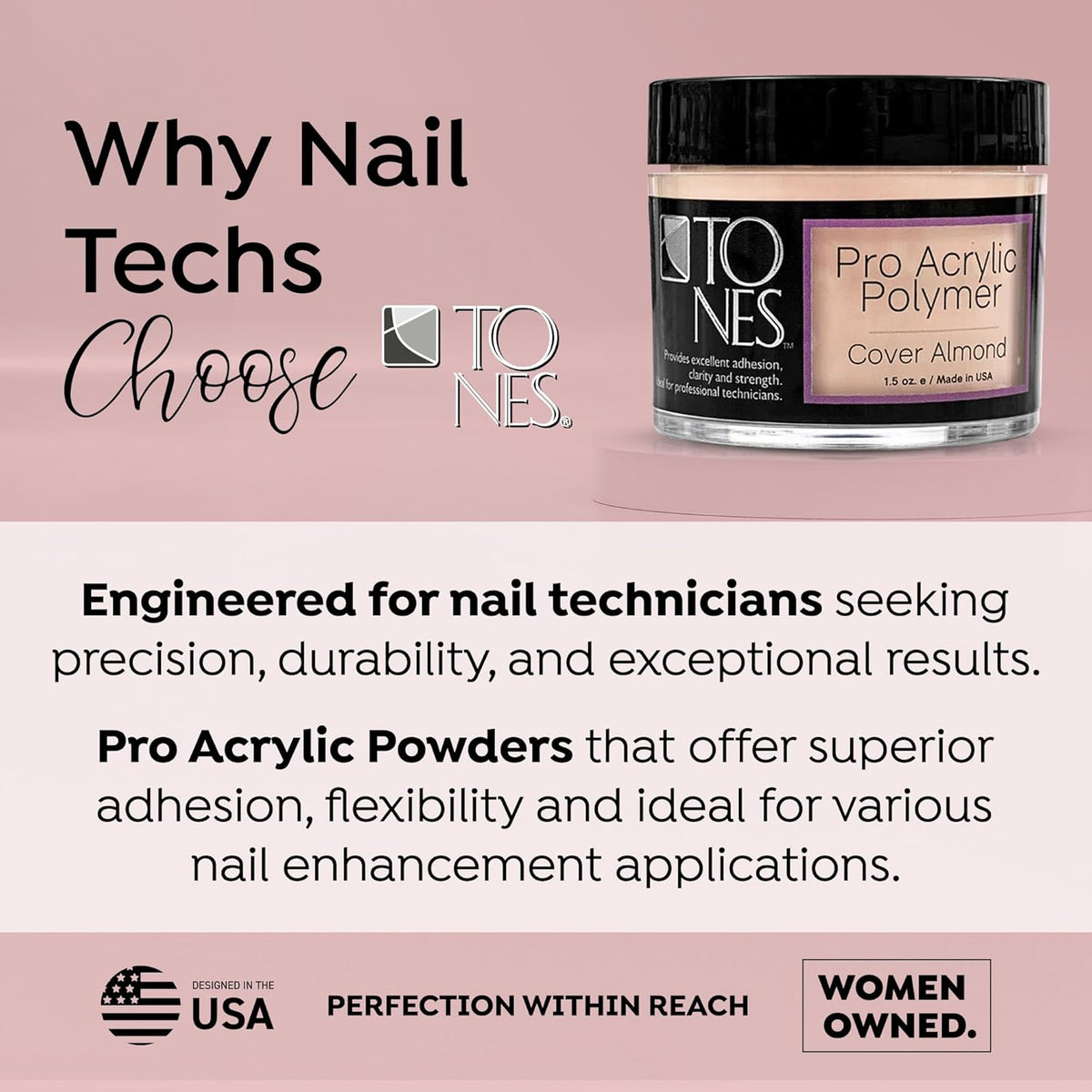 Tones Pro Acrylic Nail Powder, Cover Almond (Soft Nude Beige), (3.5 Fl Oz) - Long-Lasting &