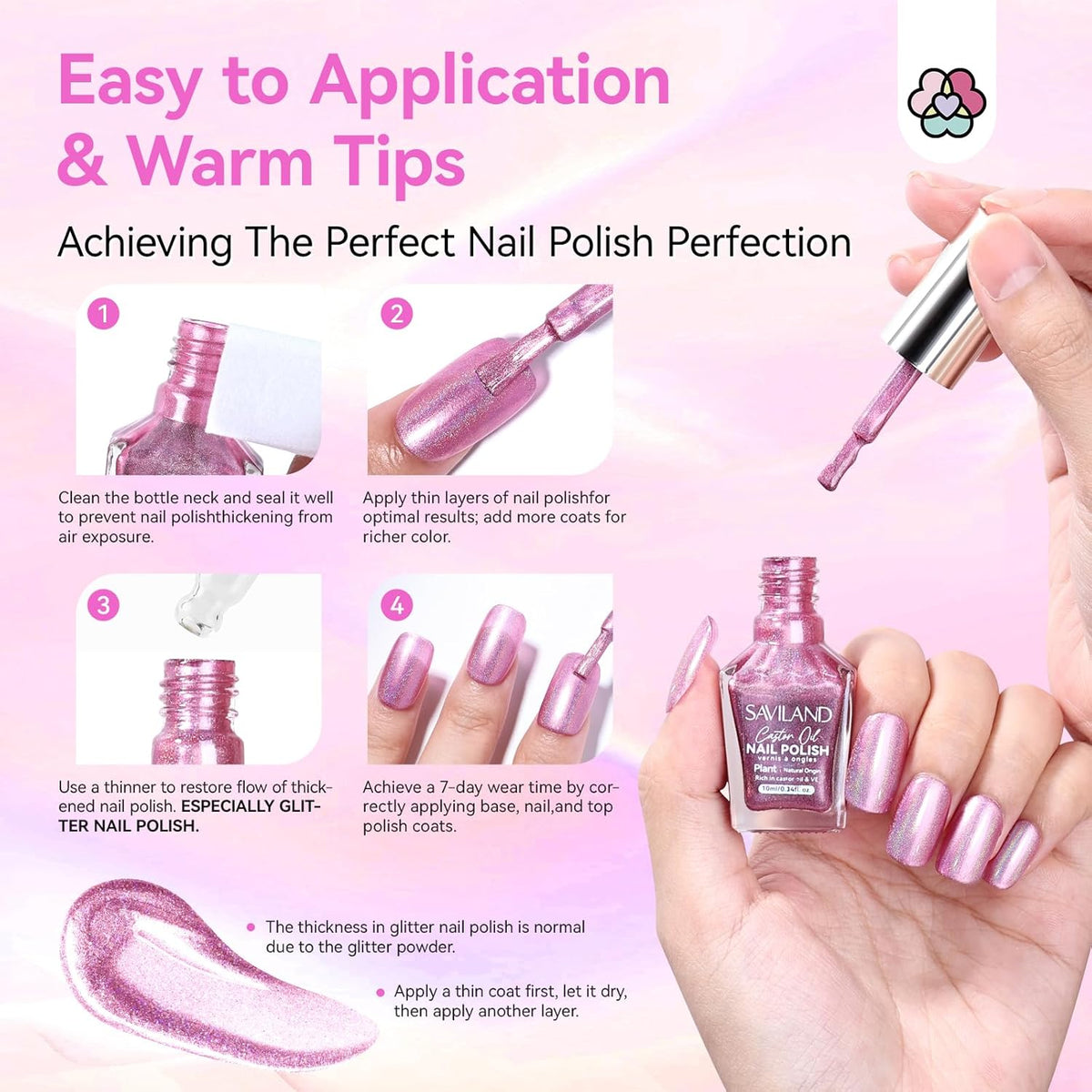 SAVILAND Holographic Nail Polish Pink: Metallic Chrome Nail Polish Air Dry Fast,10 ml/0.34 oz High