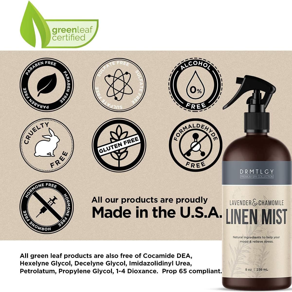 DRMTLGY Natural Green Tea Linen and Room Spray. Pure Essential Oils for a Pillow Spray, Linen Mist