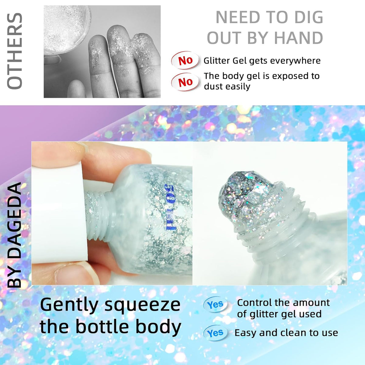 DAGEDA Body Glitter Gel, Body Sequins Shimmer Liquid Eyeshadow, Chunky Glitter for Face Hair Nails