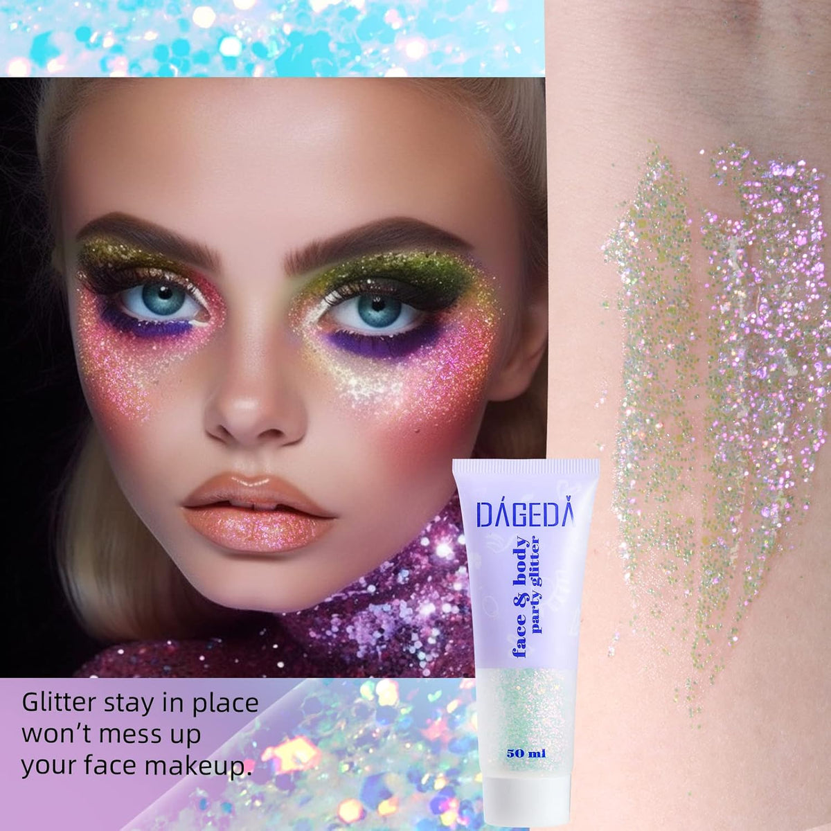 DAGEDA Body Glitter Gel, Holographic Face Glitters Body Gel Shimmer Liquid Eyeshadow, Color