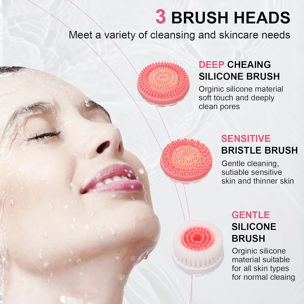 Facial Cleansing Brush, 3 in 1 Electric Face Scrubber with 3 Brush Heads for Women/Men, Waterproof