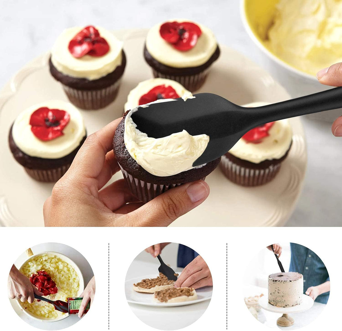 HOTEC 600℉ Heat Resistant BPA-Free Silicone Rubber Spatula Set,Kitchen Cooking Spatulas, Baking