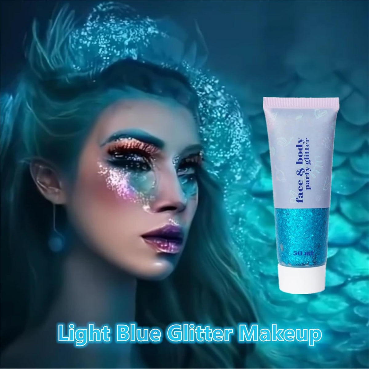 Go Ho Light Blue Face Body Glitter Gel,Blue Mermaid Face Paint Makeup,Holographic Chunky Sequins
