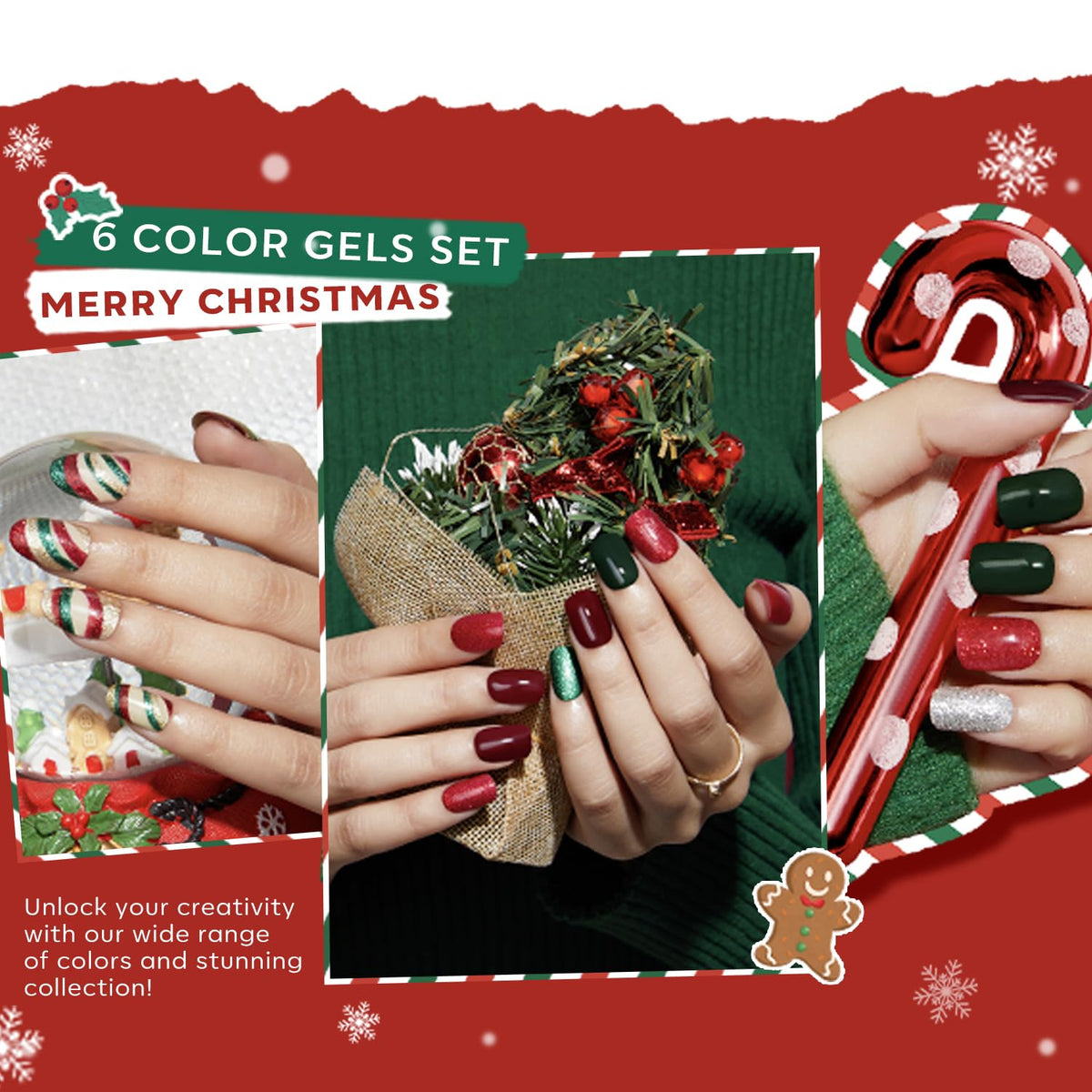 Modelones Christmas Colors Acrylic Powder Kit - 6 Colors Golden Glitter Yellow Green Dark Red