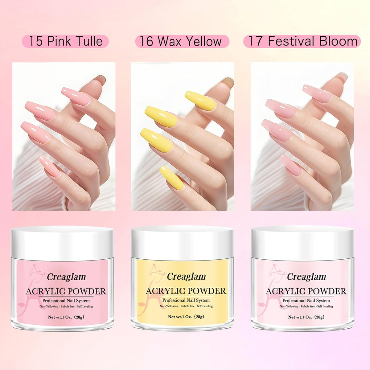 Professional Acrylic Powder for Nail: Large Capacity 3 Colors Pink Tulle Wax Yellow Festival Bloom