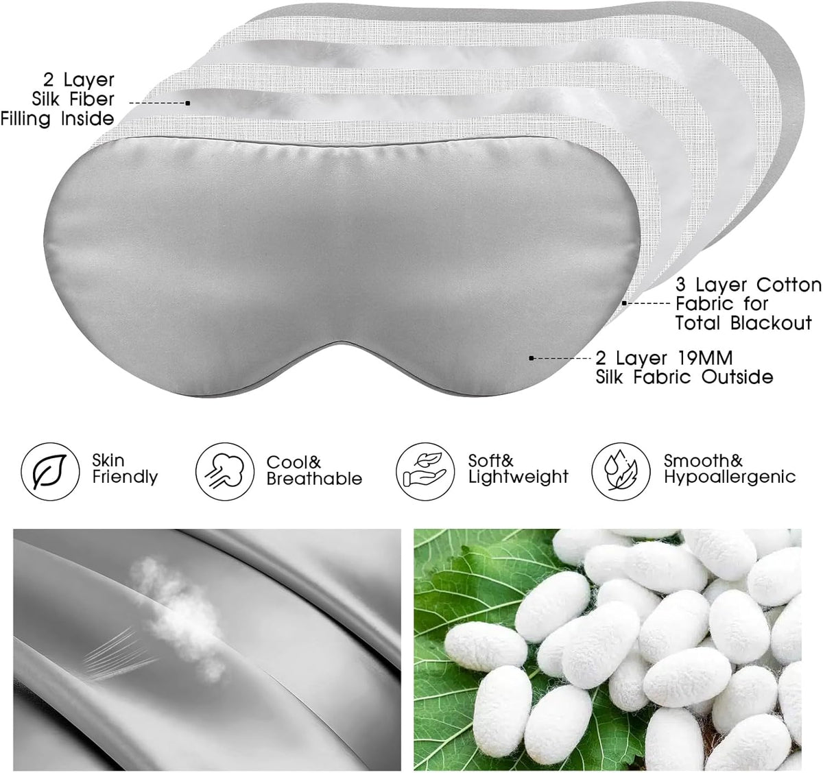 100% Mulberry Silk Eye Mask for Sleeping with Silk Wrapped Adjustable Strap,Silver Gray
