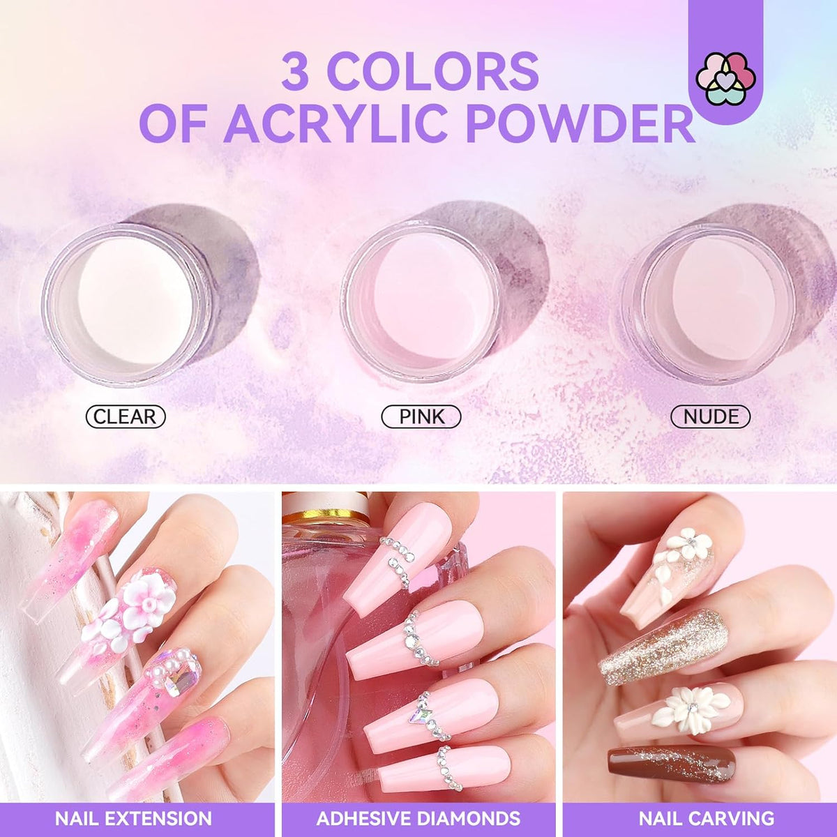 SAVILAND Essentials Acrylic Nail Kit for Beginners: Clear Nudes Pink Acrylic Powder and Liquid Set