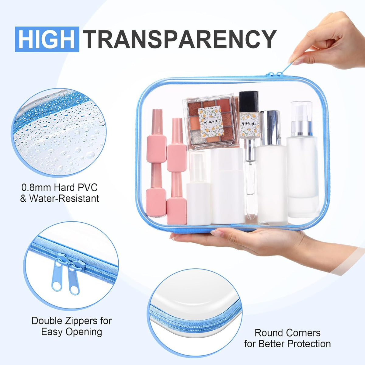 Hoolerry 3 Pcs Clear Hard Zipper Case Plastic Pouch Transparent Hard Case Clear Makeup Bag Portable