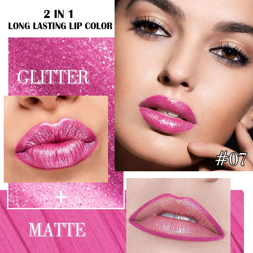evpct Hot Pink Metallic Glitter Lip Liner and Lipstick Combo Lip Gloss Stain Set Makeup for Women