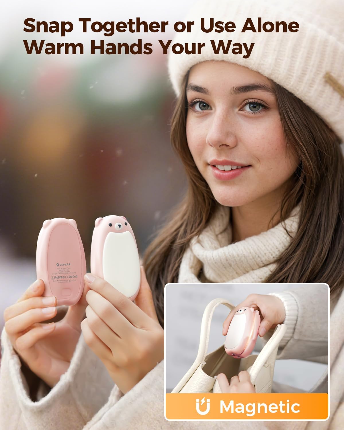SWEETFULL Hand Warmers Rechargeable – Cute Bear, 2 Pack Magnetic Hot Hands, Reusable Electric
