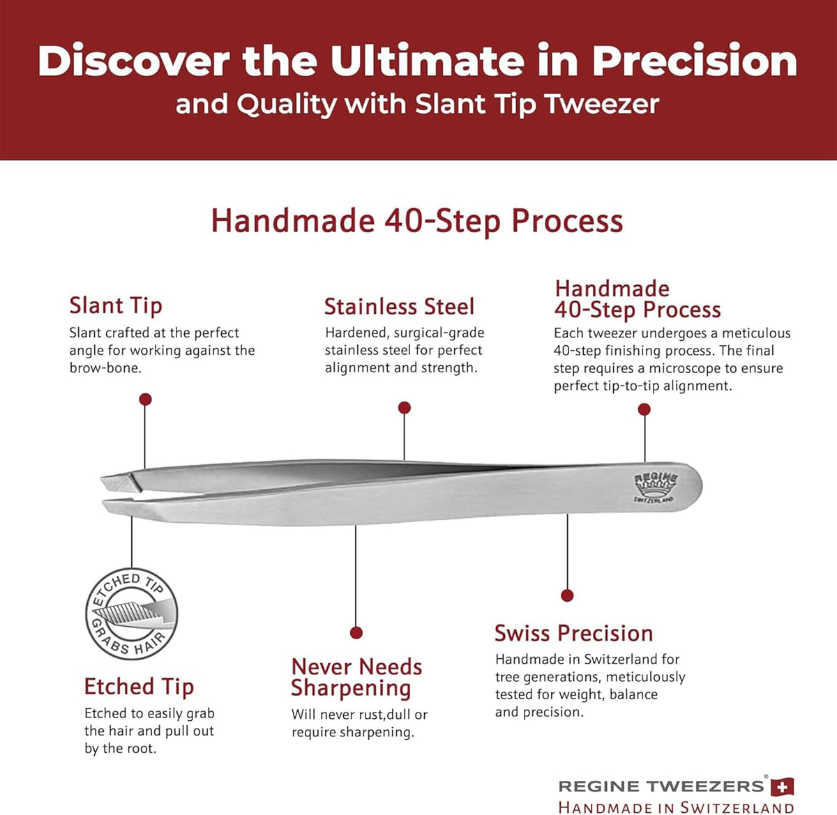 Professional Tweezers Slant Tip - Etched Tip Brow and Eyebrow Tool for Men and Women - Precision