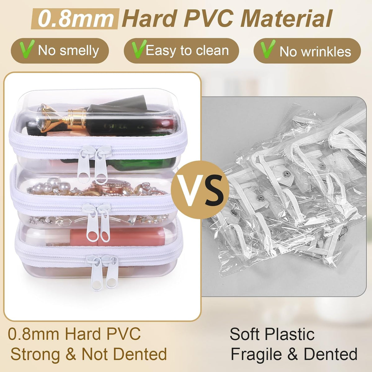 Hoolerry 3 Pcs Clear Hard Zipper Case Plastic Pouch Transparent Hard Case Clear Makeup Bag Portable