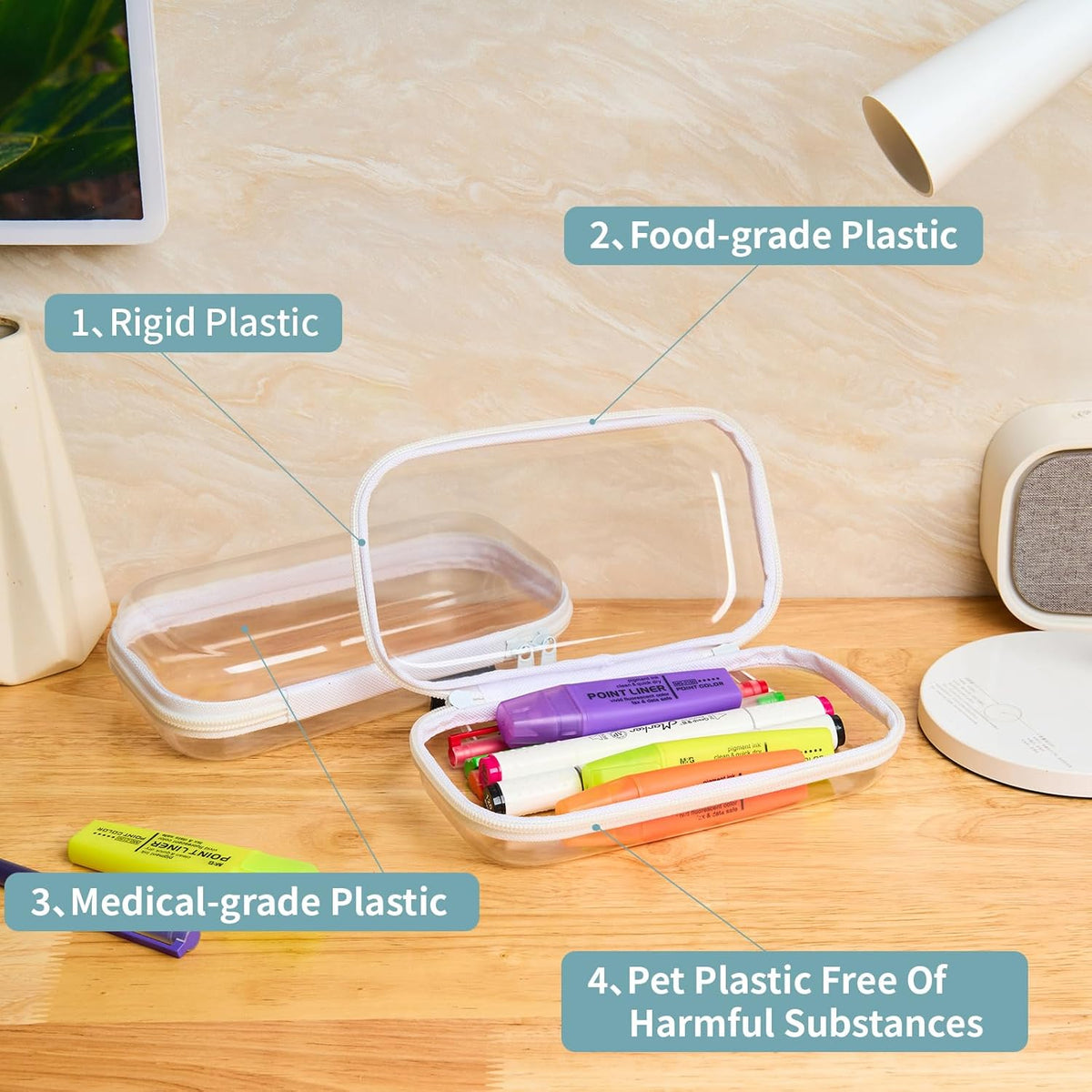 Set of 2 - Hard Sided Clear Zipper Case for Storage - Professional-Grade Plastic Hard Shell