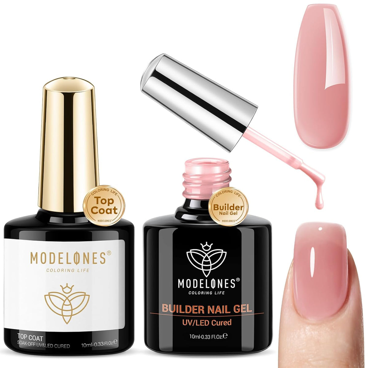 modelones Builder Nail Gel with Gel Top Coat, 8-In-One Nude Pink Builder Acid Free Top Coat for