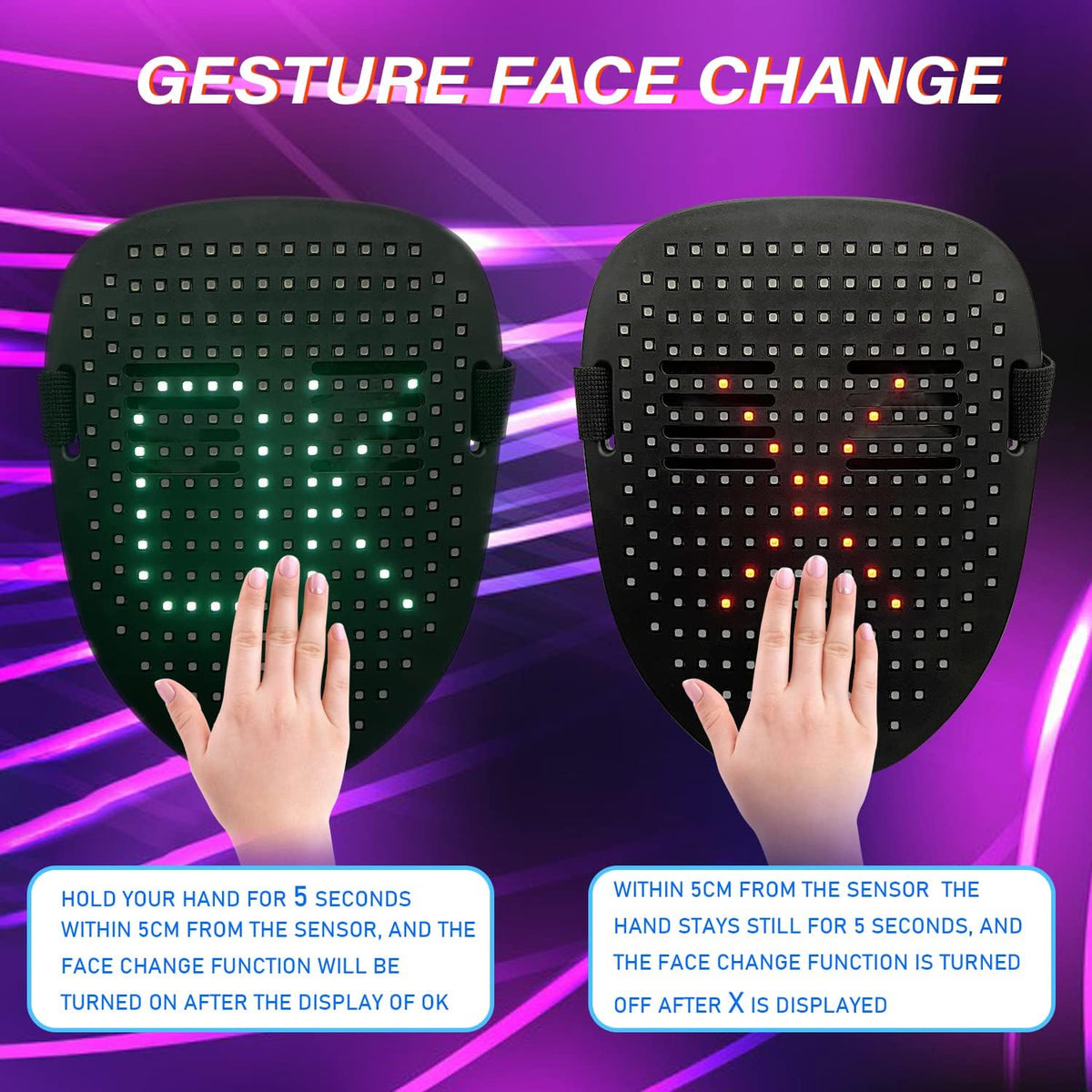 Depointer Life Led Mask with Gesture Sensing,Unisex LED Lighted Face Transforming Mask for Costume