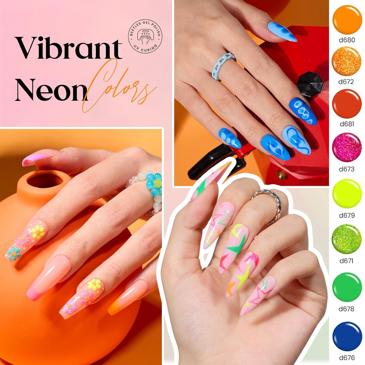 Beetles Gel Polish Liner Nail Art Set, 50 Colors Spring Summer Reflective Glitter Pink Red Blue