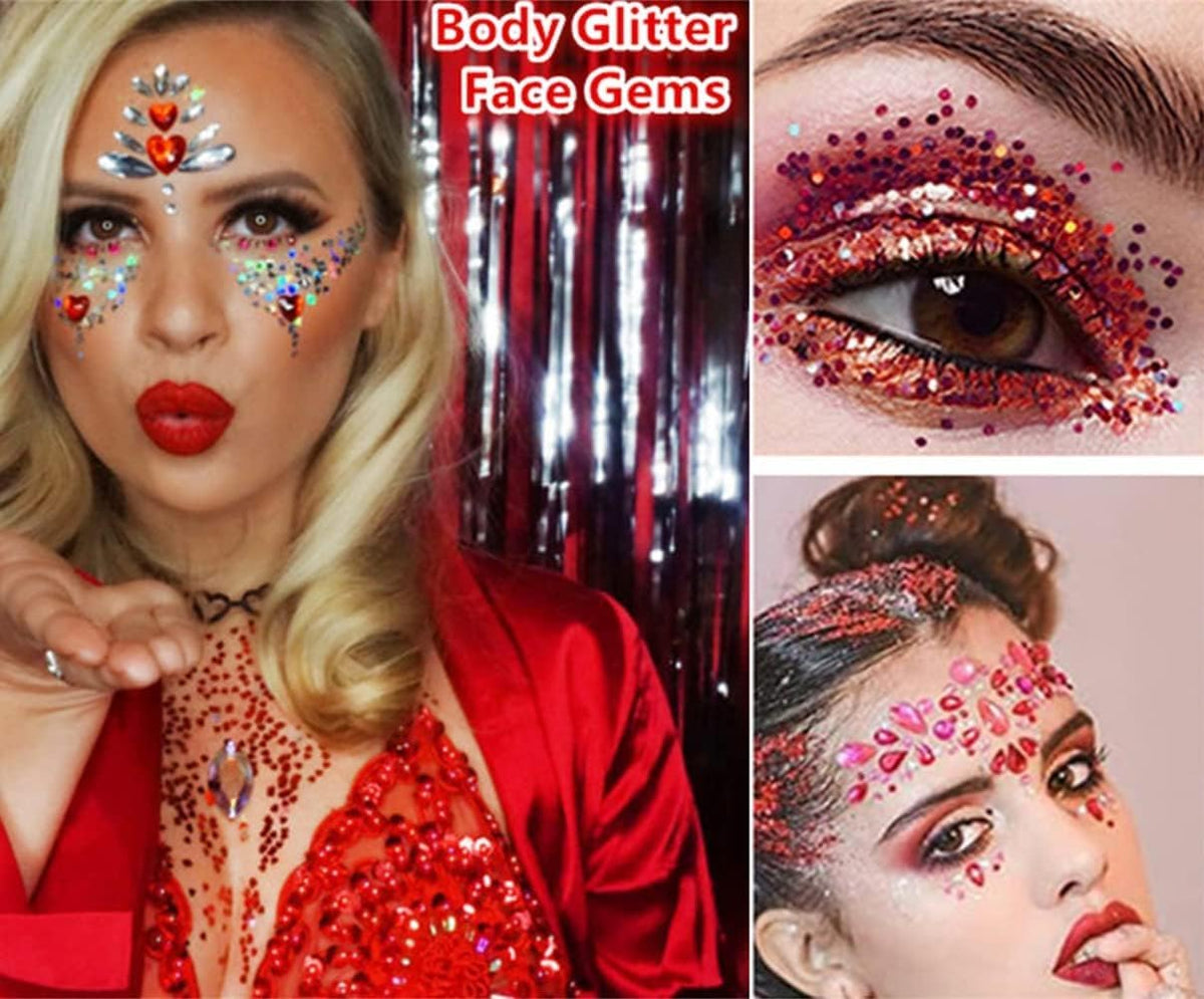Go Ho Red and White Body Glitter Set,Singer Concerts Face Glitter Gel Makeup,Holographic Long
