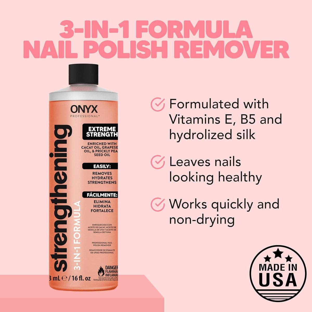 Onyx Professional 3-in-1 Strengthening Nail Polish Remover with 7 inch Nail File, 16 fl oz