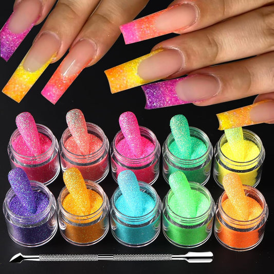 10 Bottle Shimmer Sugar Glitter Powder for Nails,Colorful Candy Coat Effect Iridescent Nail Dipping