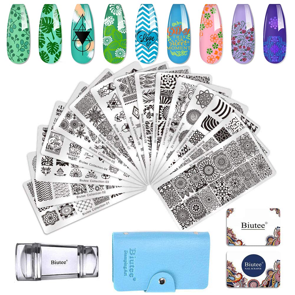 Biutee 19pcs Nail Stamp Plates set 15 plate 1Stamper 2Scraper 1storage bag Nails Art Stamping Plate