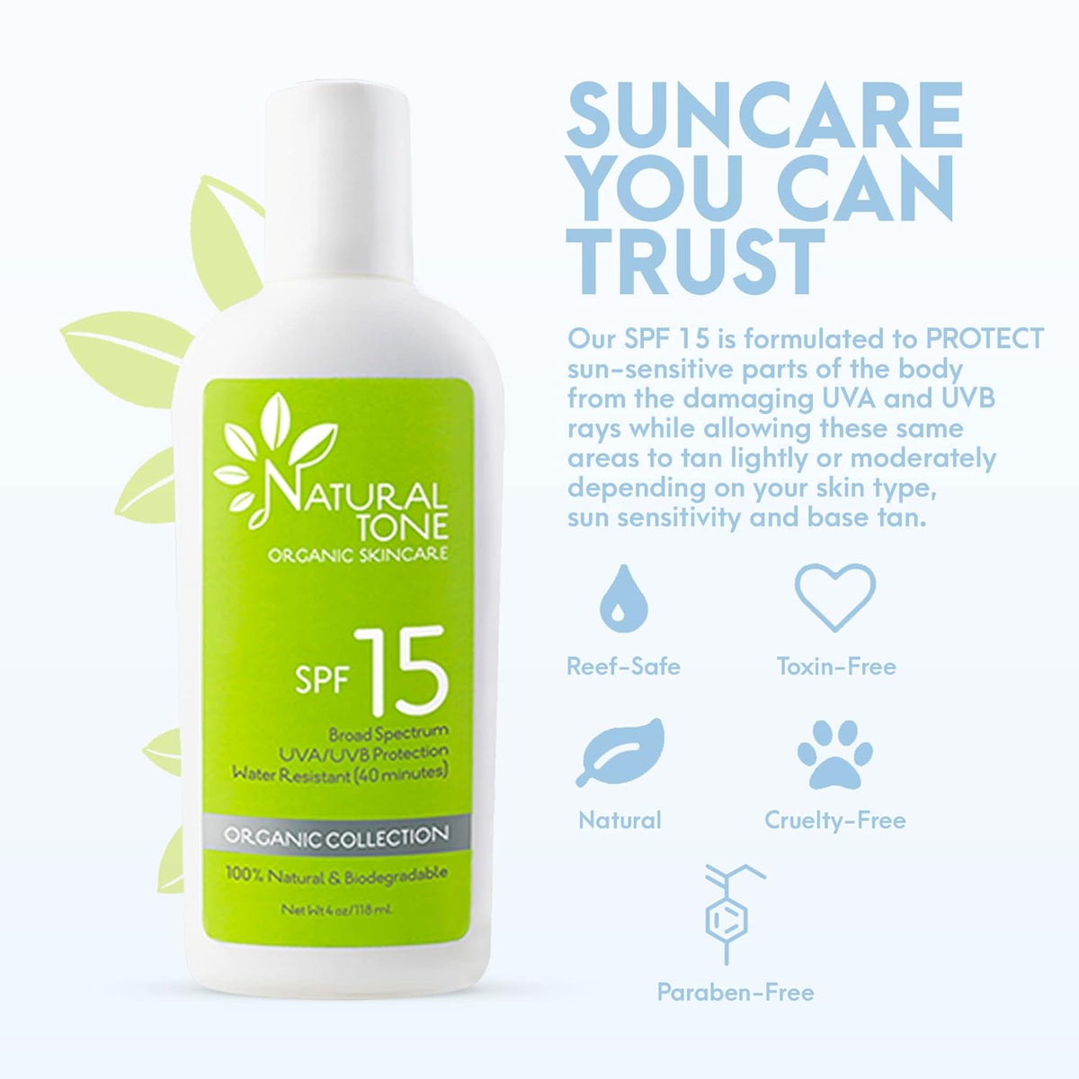 SPF15 Broad Spectrum Natural Sunscreen, Soothing & Hydrating Sunscreen Lotion, Plant-Based Sun