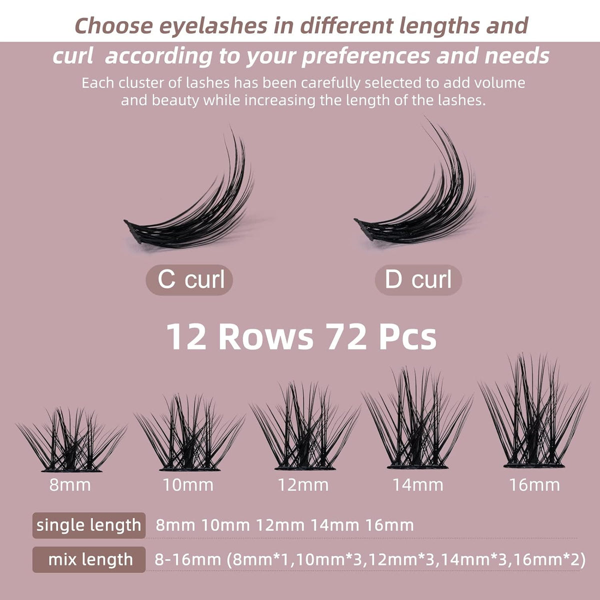 QUEWEL Cluster Lashes 72 Pcs Wide Stem Individual Lashes C/D Curl 8-16mm Length DIY Eyelash